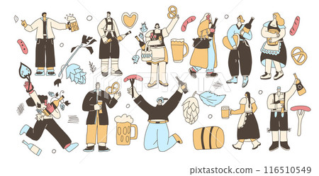 Set of Oktoberfest characters. Beer festive people kit. Vector hand drawn collection illustration isolated on white background. 116510549