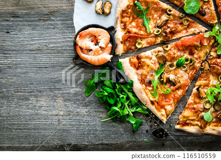 tasty pizza on table 116510559