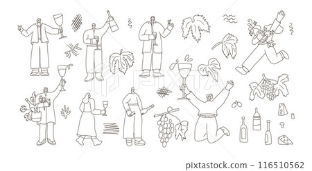 Wine lovers with bottles, glasses and grapevines doodle set. Vector hand drawn collection illustration isolated on white background. Wine lovers with bottles, glasses and grapevines doodle set. Vector hand drawn collection illustration isolated on white background. 116510562