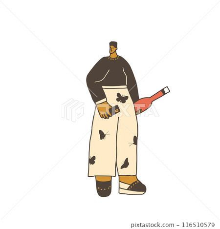 Man with bottle of wine and phone. Cute character with alcohol beverage. Vector hand drawn doodle illustration isolated on white background. Man with bottle of wine and phone. Cute character with alcohol beverage. Vector hand drawn doodle illustration isolated on white background. 116510579