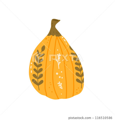 Festive pumpkin isolated on white background. Textured stylized halloween decorated ripe vegetable. Rustic stylized squash. Vector hand drawn flat illustration 116510586