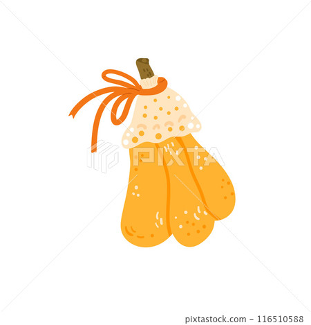 Pumpkin isolated on white background. Textured stylized holiday autumn ripe vegetable harvest. Butternut squash with fabric festive decoration.Vector hand drawn flat illustration 116510588