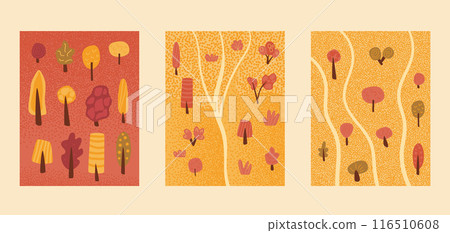 Autumn park backgrounds set. Templates for banners of fall tress with red leaves and trails for walking. Vector hand drawn flat illustration. Autumn park backgrounds set. Templates for banners of fall tress with red leaves and trails for walking. Vector hand drawn flat illustration. 116510608