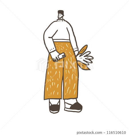 Autumn park walking person. Character with fall red leaves. Vector hand drawn doodle illustration isolated on white background. Autumn park walking person. Character with fall red leaves. Vector hand drawn doodle illustration isolated on white background. 116510610