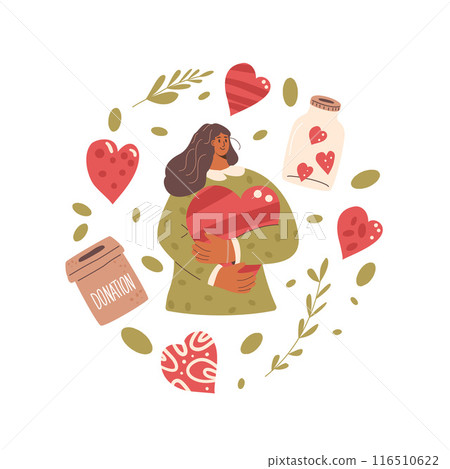 Charity circular emblem isolated on white background. young female volunteer with donation box and heart shapes decoration round label composition. Vector hand drawn illustration. Charity circular emblem isolated on white background. young female volunteer with donation box and heart shapes decoration round label composition. Vector hand drawn illustration. 116510622
