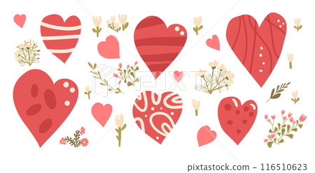 Heart shapes set. Donation and love symbols. Charity and kindness signs kit. Vector hand drawn flat collection illustration isolated on white background. Heart shapes set. Donation and love symbols. Charity and kindness signs kit. Vector hand drawn flat collection illustration isolated on white background. 116510623