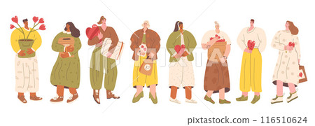 Set of volunteers . Charity kit. People with heart symbols. Activists of non profit organization collection. Vector hand drawn collection illustration isolated on white background. Set of volunteers . Charity kit. People with heart symbols. Activists of non profit organization collection. Vector hand drawn collection illustration isolated on white background. 116510624