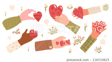 Set of hands with hearts shape. Palms with charity and kindness symbols kit. Vector hand drawn flat collection illustration isolated on white background. Set of hands with hearts shape. Palms with charity and kindness symbols kit. Vector hand drawn flat collection illustration isolated on white background. 116510625