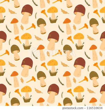 Mushrooms picking seamless pattern. Vector hand drawn flat illustration. 116510634