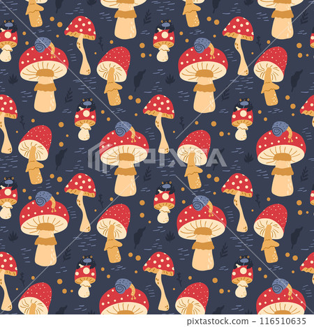 Inedible mushrooms seamless pattern. Fly agaric repeat background. Vector hand drawn flat illustration. 116510635