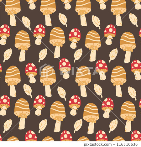Toadstool and fly agaric seamless pattern. Inedible mushrooms repeat background. Vector hand drawn flat illustration. Toadstool and fly agaric seamless pattern. Inedible mushrooms repeat background. Vector hand drawn flat illustration. 116510636