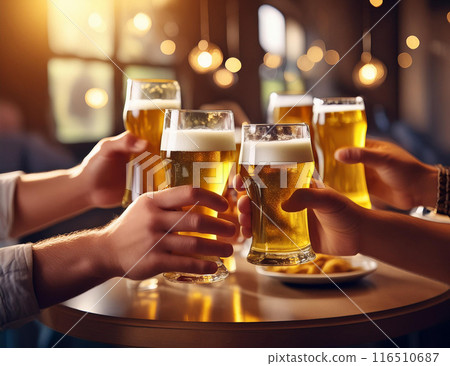 拿著啤酒杯和敬酒的人們的手 拿著啤酒杯和敬酒的人們的手 116510687