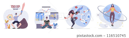 Virtual reality concept with people scenes set in flat web design. Collection of character situation with users in VR headsets paying games or doing work at interactive screens. Vector illustrations. Virtual reality concept with people scenes set in flat web design. Collection of character situation with users in VR headsets paying games or doing work at interactive screens. Vector illustrations. 116510745