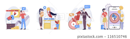 Video marketing concept with people scenes set in flat web design. Collection of character situation with creating advertising video content, posting online, follow analytics. Vector illustrations. 116510746