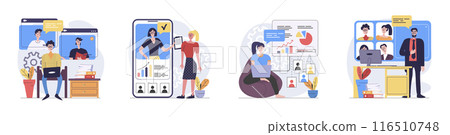 Video conference concept with people scenes set in flat web design. Collection of character situation with colleagues connecting online via zoom call from laptop or mobile app. Vector illustrations. 116510748