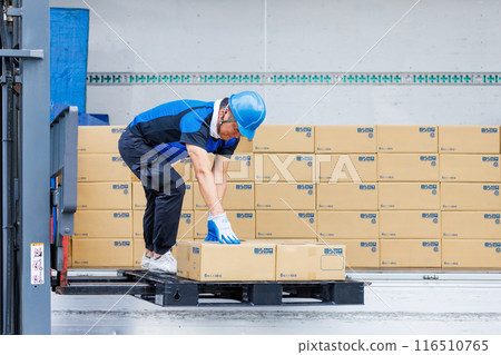 A man in a helmet unloading cargo from a truck with a forklift 116510765