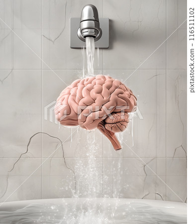 Human brain being rinsed by a running water, symbolizing brainwashing and media manipulation 116511102
