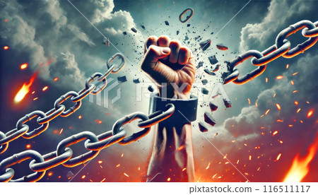 Fist breaking chains amid dramatic sky 116511117