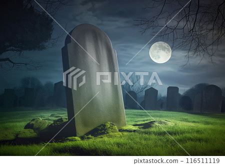 Blank tombstone with no name in a moonlit cemetery with grassy surroundings and a full moon 116511119