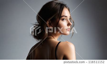 Lingerie model back view minimalist yet tasteful design clean lines overhead light casting subtle shadow 116511152