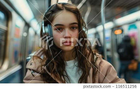 Young woman in headphones in the subway 116511256