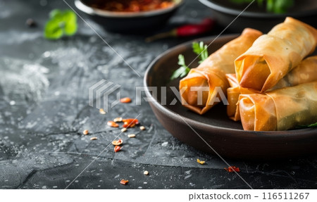 Traditional Chinese spring rolls on rustic background with copyspace 116511267