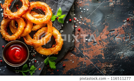 Fried onion rings appetizer on rustic background 116511277