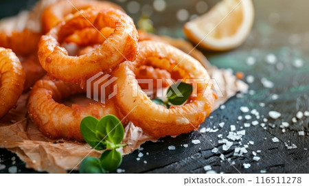 Fried onion rings appetizer on rustic background 116511278