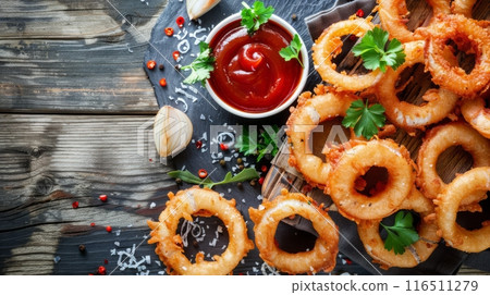Fried onion rings appetizer on rustic background 116511279