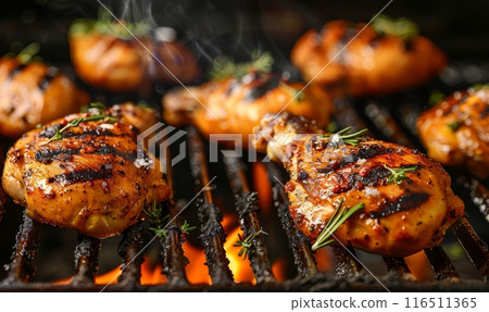 Grilled chicken meat on grill grate, barbecue dinner 116511365