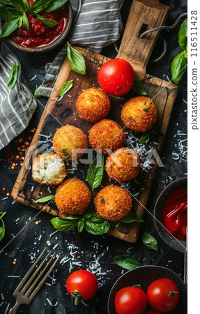 Deep fried arancini balls on rustic background - traditional Italian cuisine. Stuffed rice balls. Deep fried arancini balls on rustic background - traditional Italian cuisine. Stuffed rice balls. 116511428