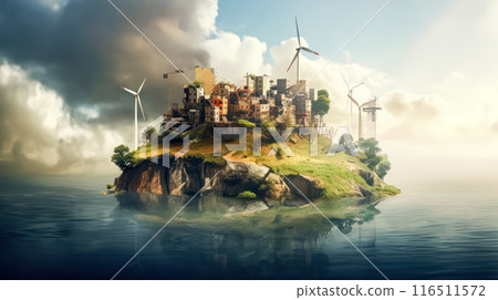 Wind turbines on a vast farmland under a cloudy sky. 116511572