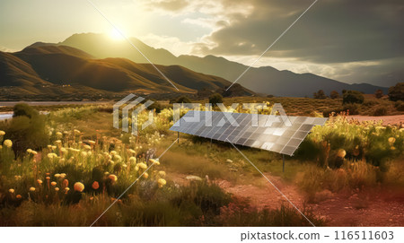 Photovoltaic solar power panel against a sky background green 116511603