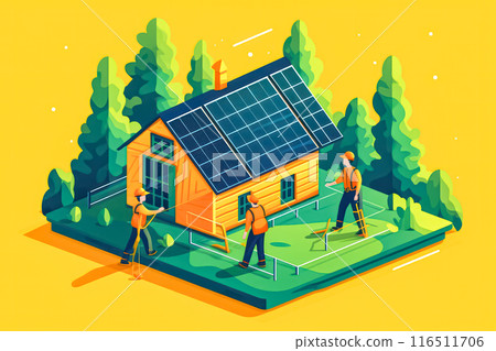 illustration of men and women making sustainable, eco friendly lifestyle choices 116511706