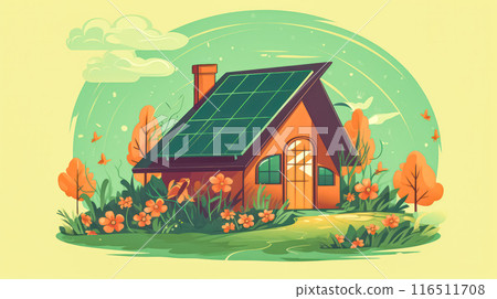 Eco friendly house with solar panels in trendy flat style. Eco friendly house with solar panels in trendy flat style. 116511708