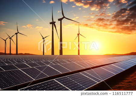 Solar panels and wind turbines in a grassy field with sunlight 116511777