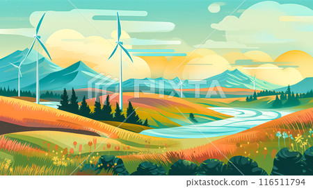 Flat style concept of an eco home private house with solar panels, wind turbines 116511794