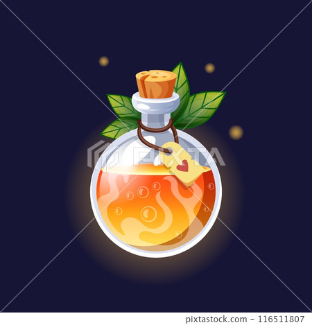 Orange elixir. Magic potion in glass bottle, green leaves. Mystery poisonous liquid in phial. Wizard and witch drink. Game ui icon. Fantasy beverage. Vector isolated on black background illustration Orange elixir. Magic potion in glass bottle, green leaves. Mystery poisonous liquid in phial. Wizard and witch drink. Game ui icon. Fantasy beverage. Vector isolated on black background illustration 116511807