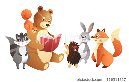 Forest animals. Cartoon characters read book. Cute bear teacher. Hare and raccoon. Wild hare. Clever hedgehog. Squirrel and fox. Wild mammals. Literature library. Friends group. Vector illustration 116511837