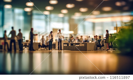 Miniature figures in business suits gather in a cafe 116511897