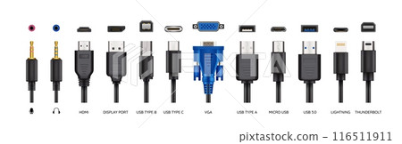 USB port. Hand drawn MI. Computer micro plug. Connection jack. Lightning charge mini. Ethernet icon. 3D phone socket. Mobile wire charger. Electronic hardware. Realistic connector types vector set USB port. Hand drawn MI. Computer micro plug. Connection jack. Lightning charge mini. Ethernet icon. 3D phone socket. Mobile wire charger. Electronic hardware. Realistic connector types vector set 116511911