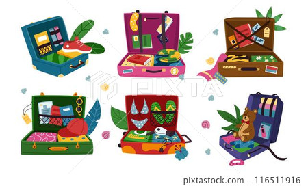 Travel luggage. Open suitcase. Tourists pack. Mess in passengers bag. Prepare for summer trip. Beach vacation. Scattered things. Passport document. Packing clothes. Journey baggage vector tidy set 116511916