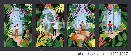 Garden plants. People in greenhouse. Conservatory green nature. Farm plantation. Cultivated flowers. Glasshouse agriculture. Tree leaves. Gardeners relax in orangery. Vector tidy home gardening set Garden plants. People in greenhouse. Conservatory green nature. Farm plantation. Cultivated flowers. Glasshouse agriculture. Tree leaves. Gardeners relax in orangery. Vector tidy home gardening set 116511917