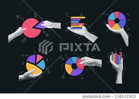 Data infographic. Hand with info diagram. Art chart. Business analysis. Halftone shapes and arrows. Contemporary poster design. Financial infochart. Abstract elements set. Vector garish background Data infographic. Hand with info diagram. Art chart. Business analysis. Halftone shapes and arrows. Contemporary poster design. Financial infochart. Abstract elements set. Vector garish background 116511923