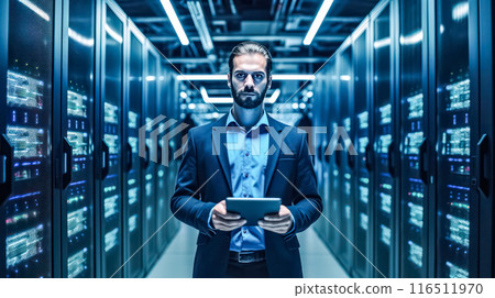 IT professional visually inspects working server cabinets in a data center 116511970