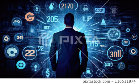 Confident businessman in office, pondering a business deal, analyzing graphs and numbers. 116511974