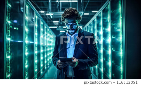 Businessman inspects server cabinets in a data center corridor 116512051