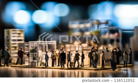 Miniature figures in business suits gather in a cafe 116512052