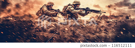 Soldiers in dynamic action on the battlefield 116512111