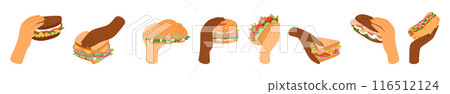 Hand hold sandwich. Takeaway food, burger, hamburger and baguette, different snack, bagel and burrito. Sauce cheese, chicken, ham and salmon. Healthy meal. Restaurant menu. Vector cartoon garish set Hand hold sandwich. Takeaway food, burger, hamburger and baguette, different snack, bagel and burrito. Sauce cheese, chicken, ham and salmon. Healthy meal. Restaurant menu. Vector cartoon garish set 116512124